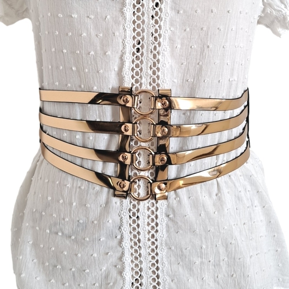 Corset Gold faux leather wide waist stretch belt Four rings underbust